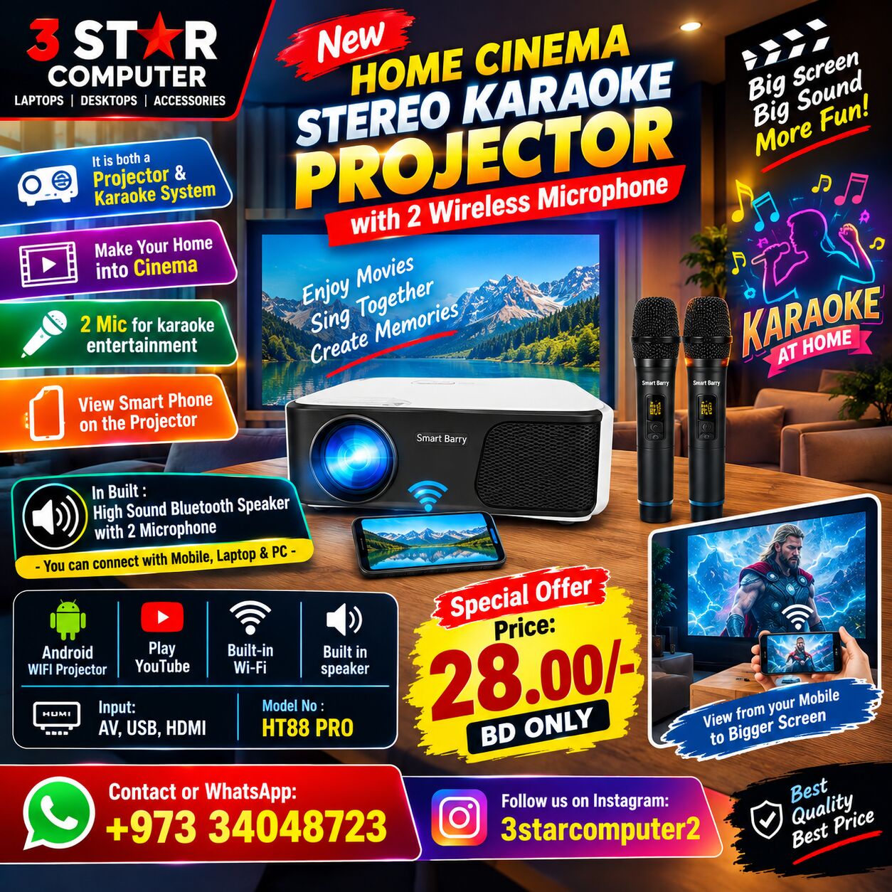 Manama, Electronics, BHD 28,  New Home Cinema Stereo Karaoke Projector With 2 Wireless Mic Projector+karaoke System