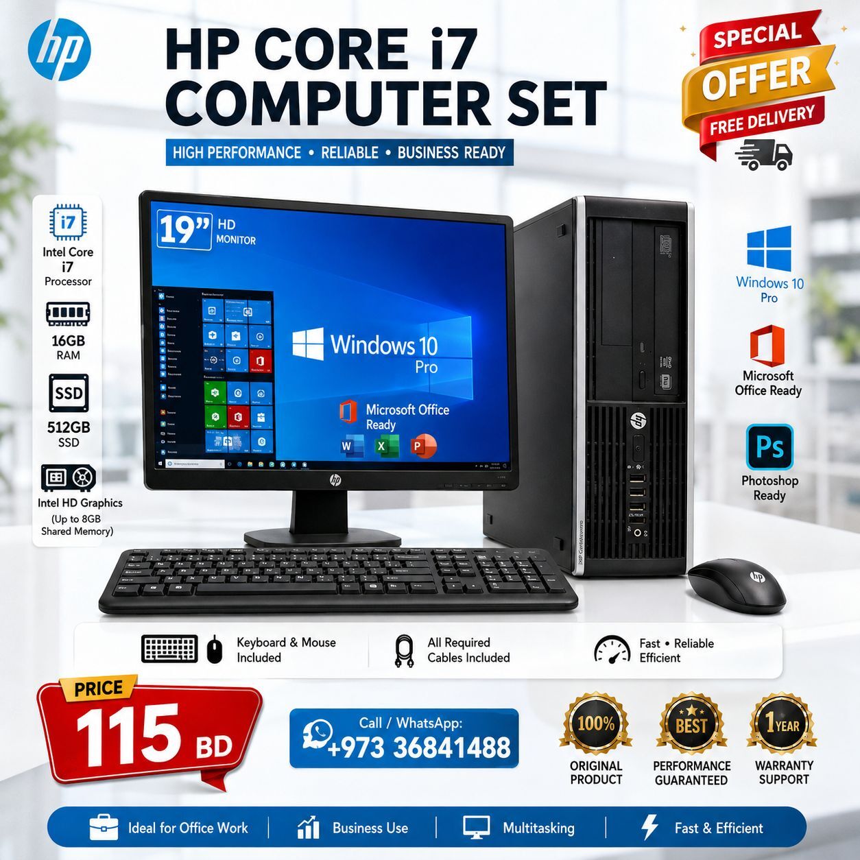 Manama, Computers, BHD 115,  HP Core I7 Computer Set 3.40ghz 16GB RAM 512GB SSD Win 10 Pro Office Ready Call/36841488