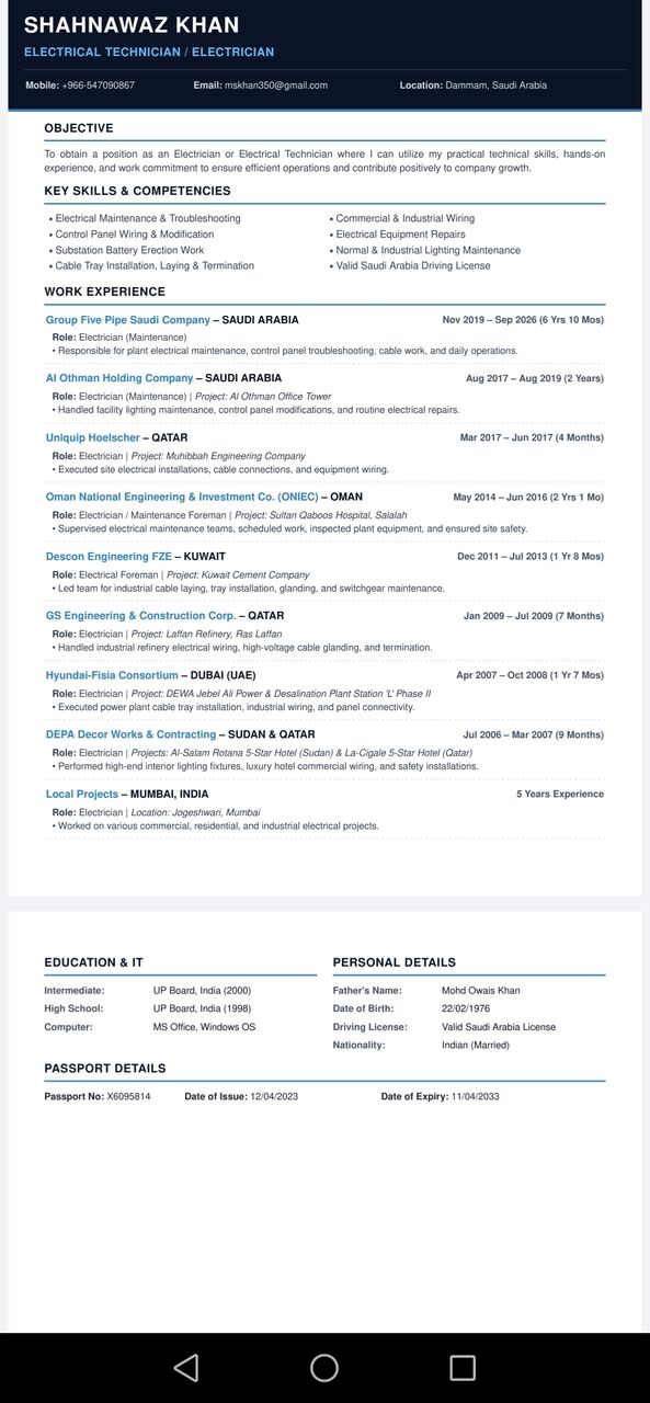 Jubail, Job Seekers, Electrical Technician