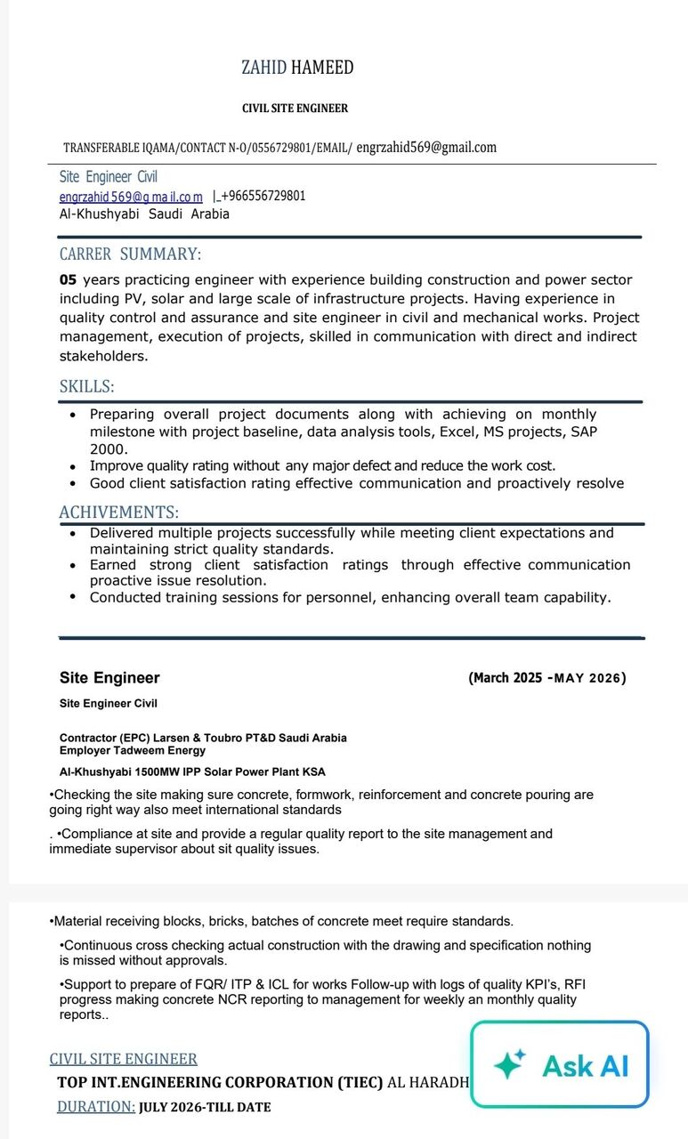Jubail, Job Seekers, Site Engineer Civil
