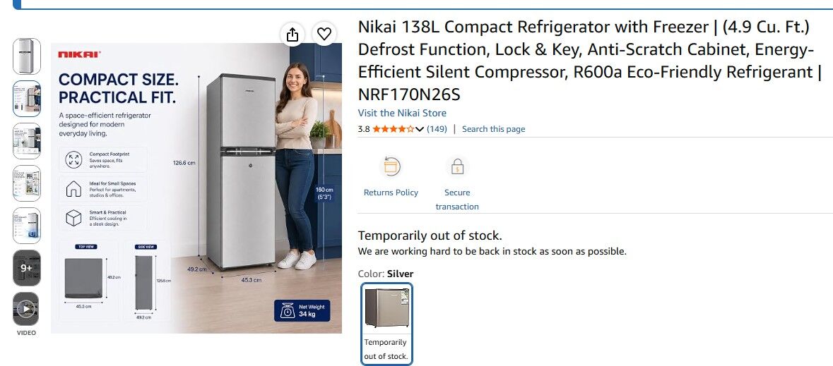Khobar, Appliances, SAR 600,  Refrigerator With Freezer - Nikai 138L Compact (Brand New - Amazon)