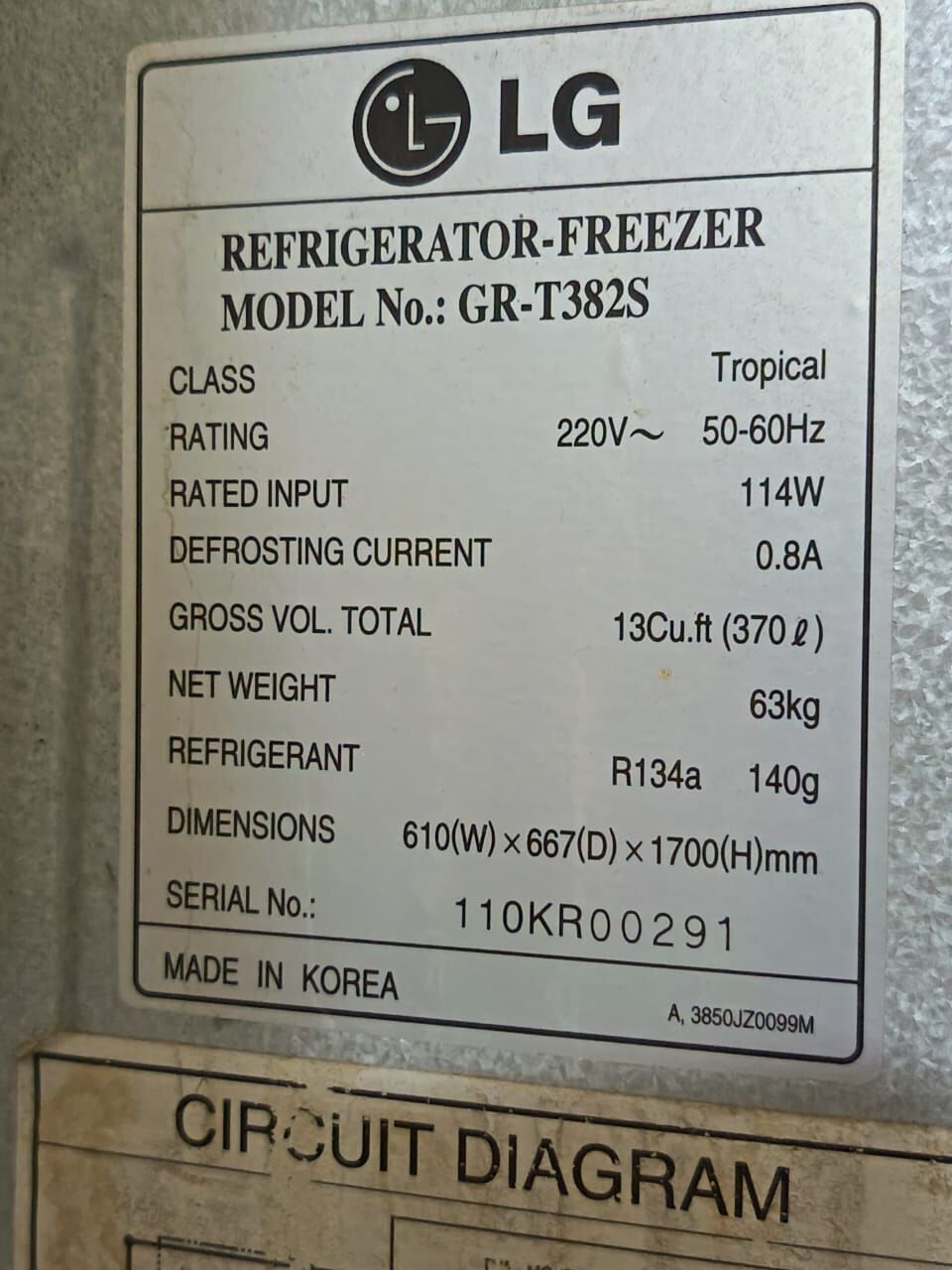 Al Khobar Al Shamalia, Appliances, SAR 600,  LG Refrigerator Model No. GR-T382S TROPICAL