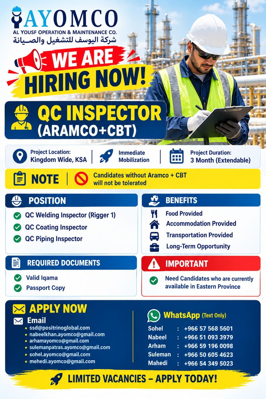 Dammam, Jobs, QC INSPECTOR  (ARAMCO+CBT)