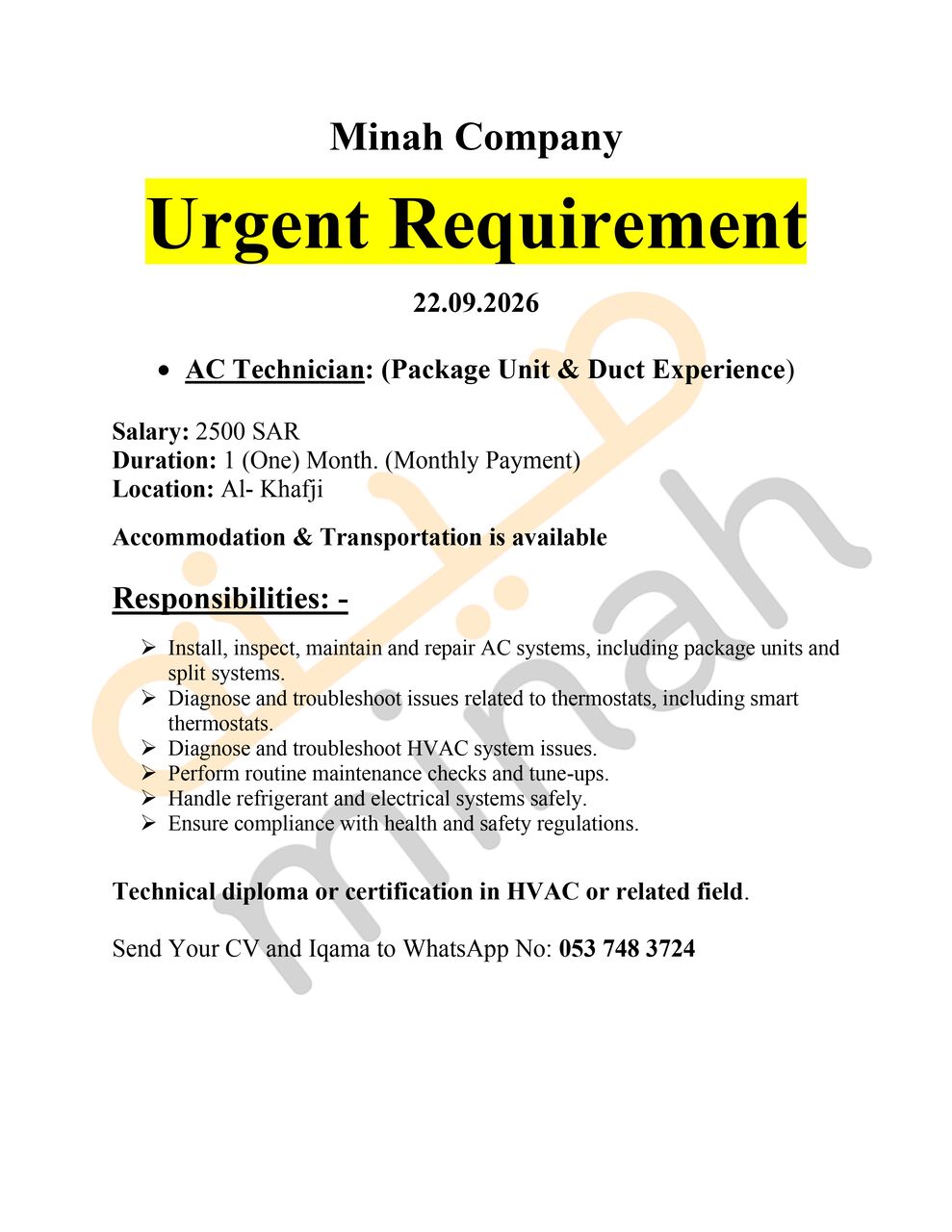 Khafji, Jobs, AC Technician