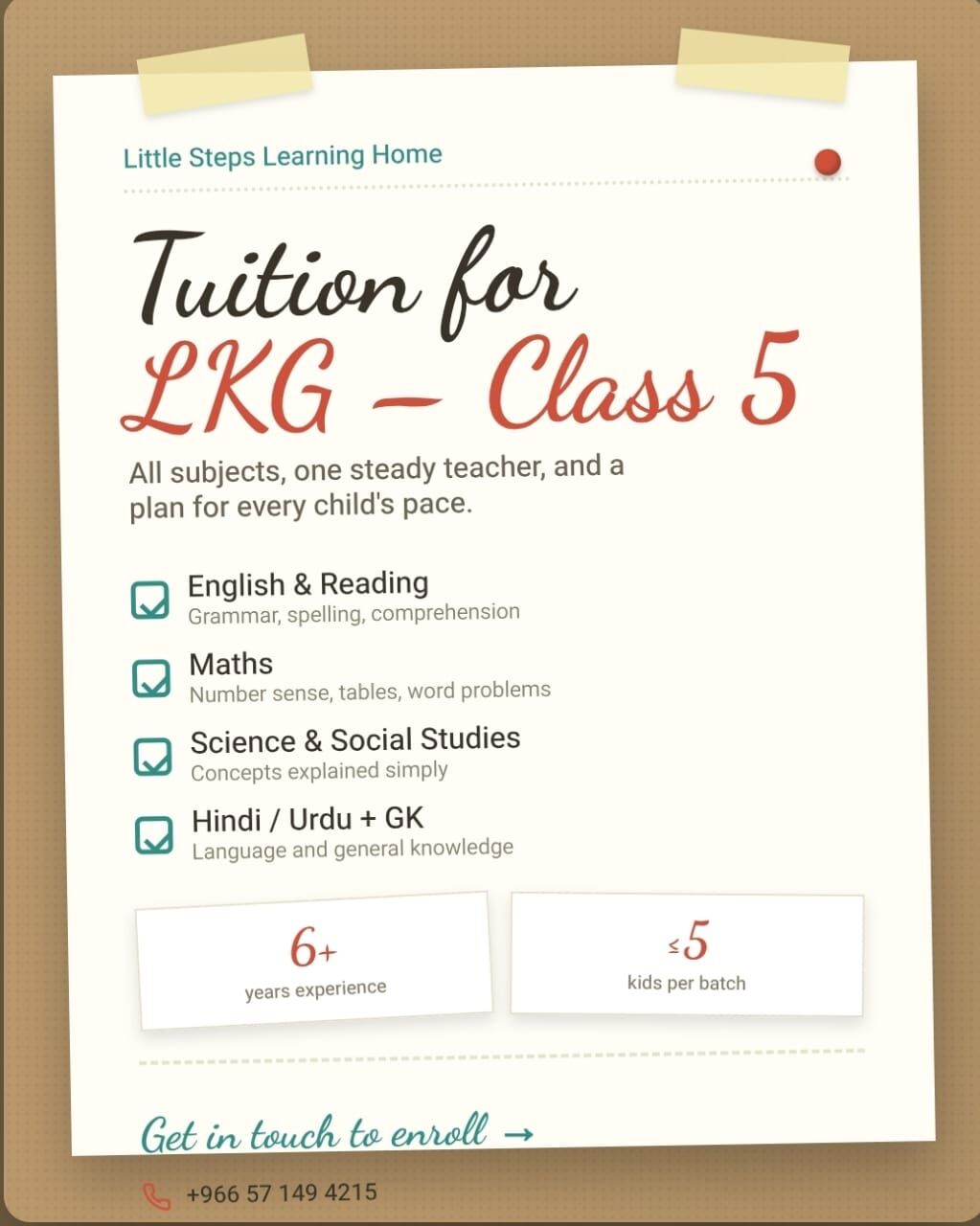 Al Malaz, Lessons Offered, TUITION CLASSES - LKG TO CLASS 5