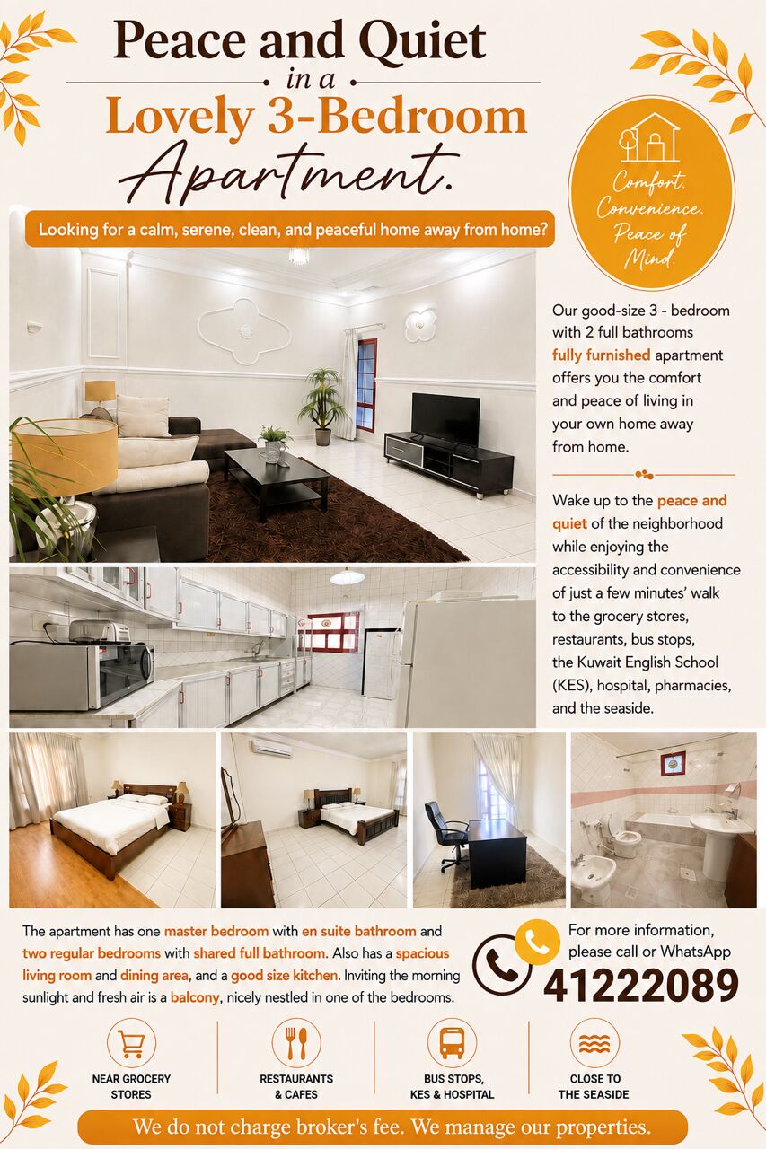Hawalli, Apartments, Flats, Houses & Villas, KWD 400/month,  Furnished,  3 BR,  160 Sq. Meter,  Peace & Quiet: A Lovely 3-Bedroom Apartment