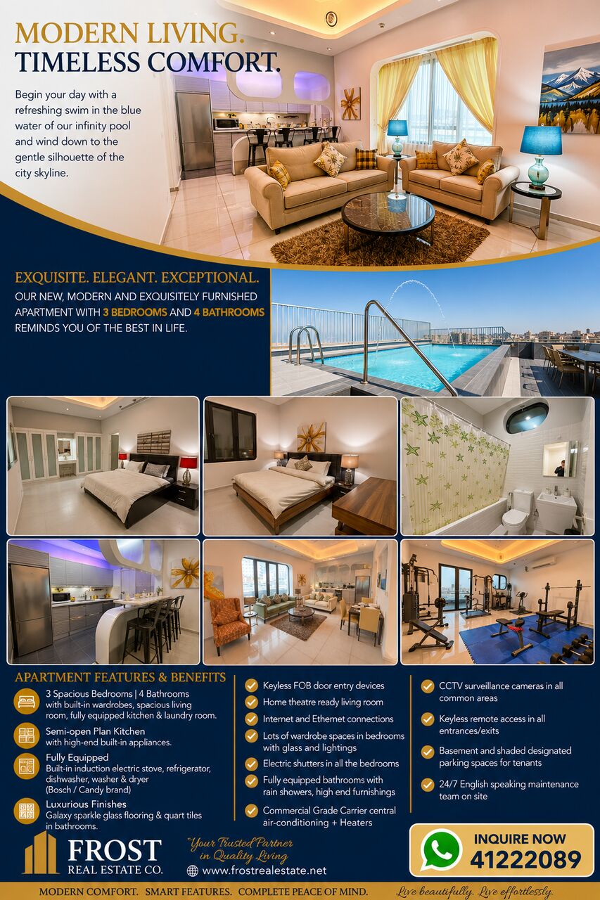 Hawalli, Apartments, Flats, Houses & Villas, KWD 700/month,  Furnished,  3 BR,  180 Sq. Meter,  Modern And Chic 3-Bedroom Apartment