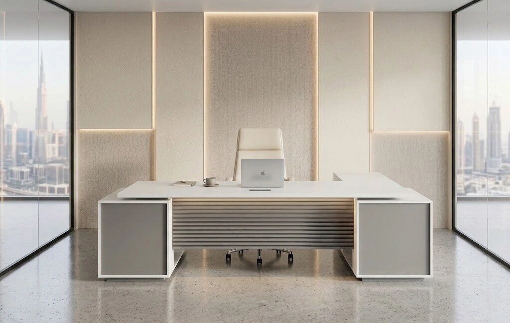 Dubai, Furniture, AED 3000,  L-Shaped CEO Executive Desk With Double Side Cabinet & Fluted Design | Ergospace UAE