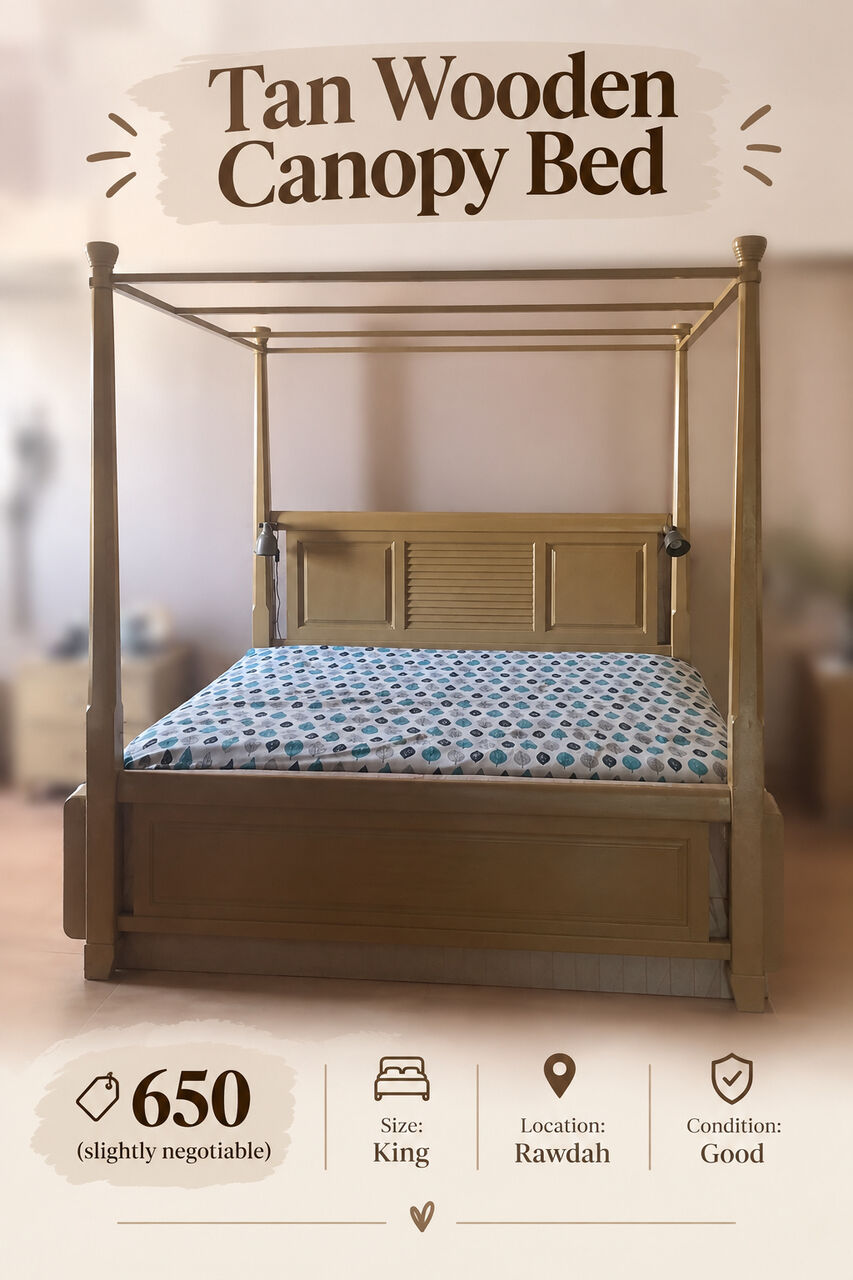 Riyadh, Furniture, SAR 550,  Tan Wooden King Size Canopy Bed