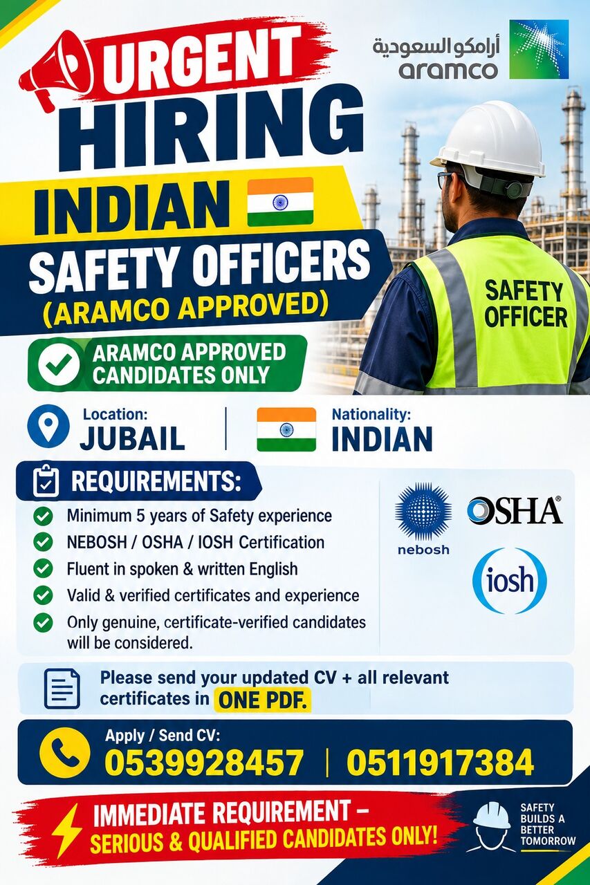 Jubail, Jobs, INDIAN  &ndash; HSE OFFICERS (ARAMCO APPROVED)