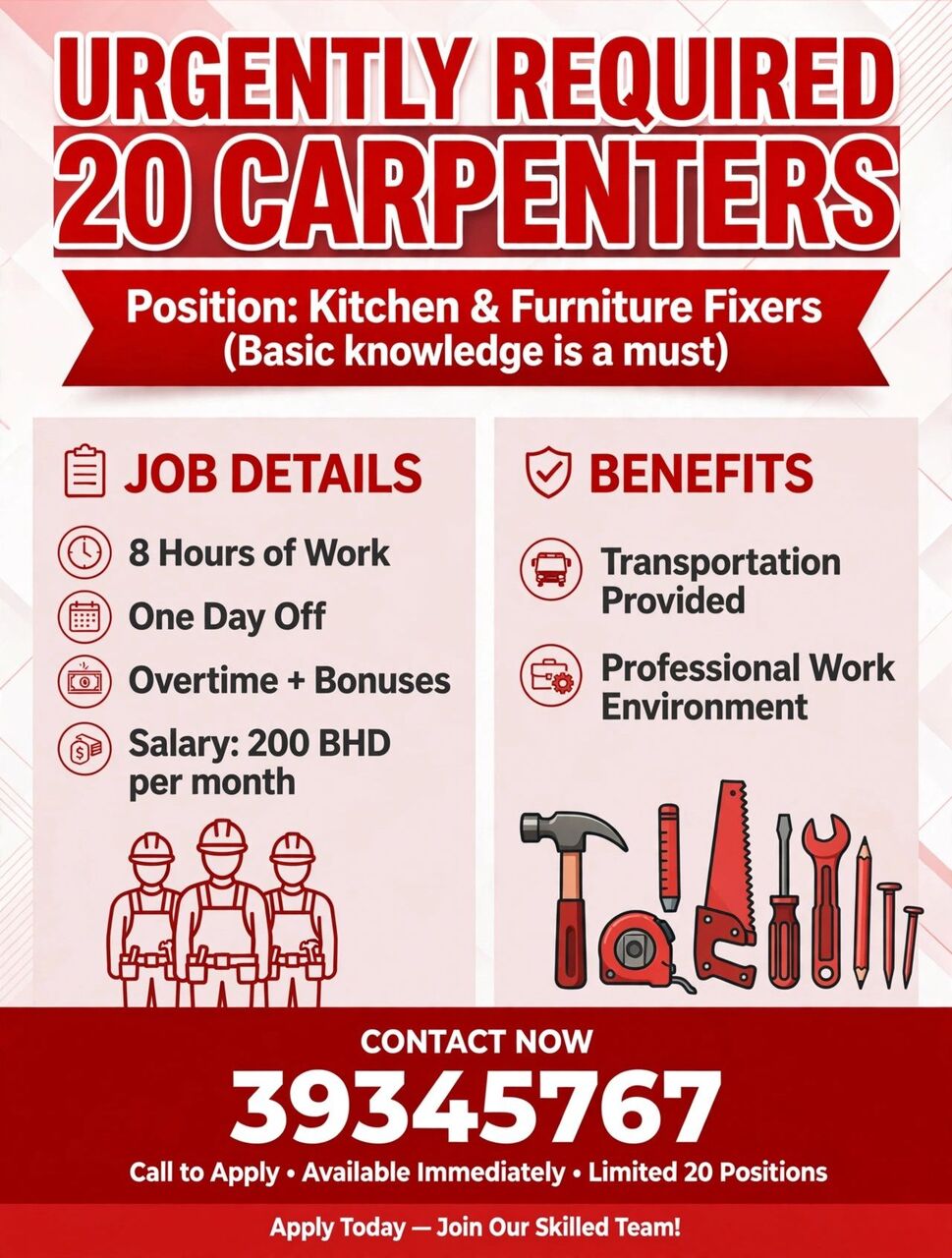 Manama, Jobs, Urgently Required 20 Carpenters