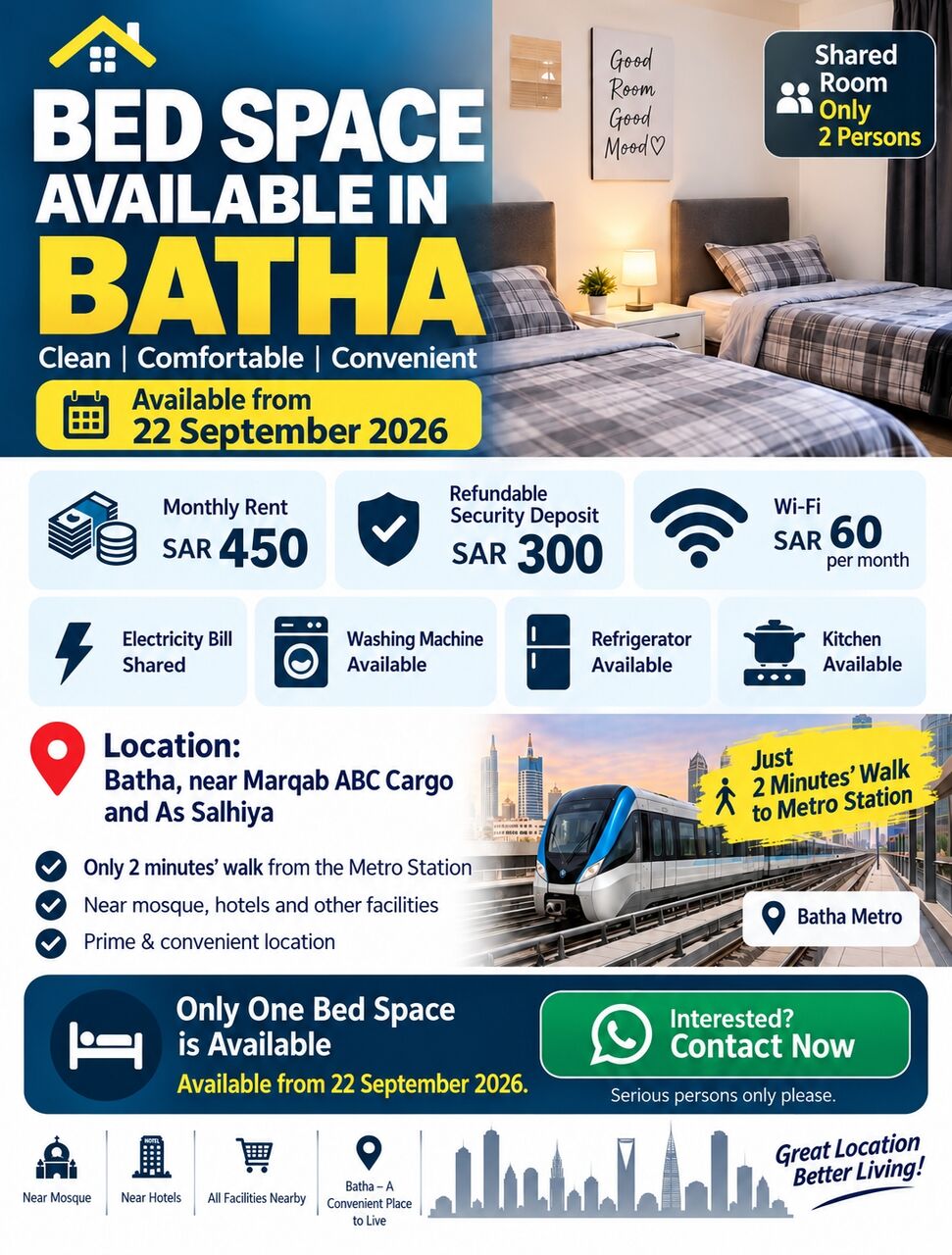 Al Batha, Bedspace For Rent, SAR 450/month,  Bedspace Available Near Batha Riyadh