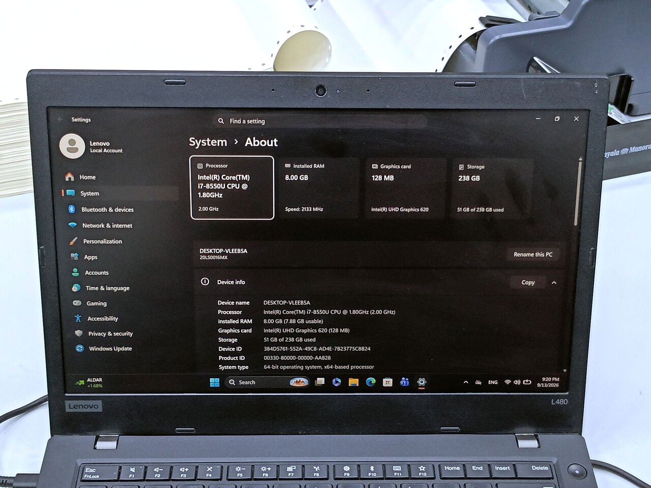 Riffa, Computers, BHD 88,  Lenovo Laptop I7 8th Gen 8GB RAM 256GB SSD 14" Full HD IPS Only BD 88