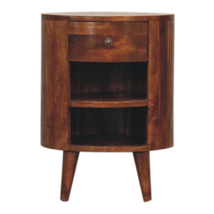 New York, Household Items, USD 282,  Solid Wood Cortez Nightstand, Chestnut Finish, 1-Drawer, 2 Open Slots, Dark Brown