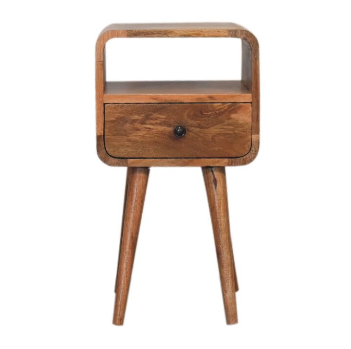 New York, Household Items, USD 217,  Solid Wood Mini Oak-ish Curve Nightstand,1-Drawer, 1 Open-Slot, Brown