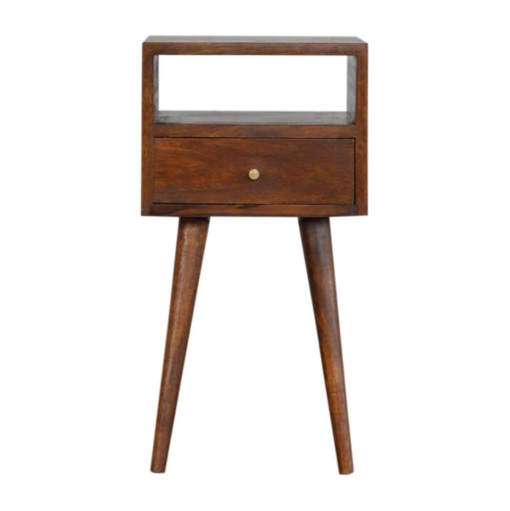 New York, Household Items, USD 202,  Solid Wood Mini Nightstand, 1-Drawer, 1 Open Slot, Chestnut, Brown