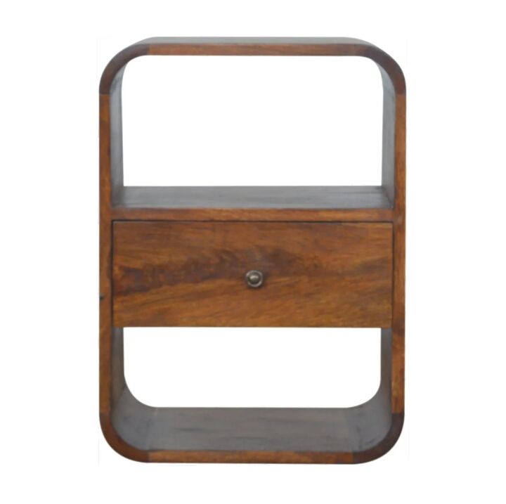 New York, Household Items, USD 303,  Solid Wood Chestnut Curved Edge Nightstand, 1-Drawer, 2 Open Slots, Brown
