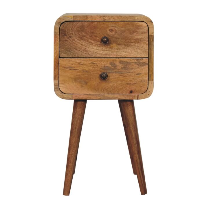 New York, Household Items, USD 219,  Solid Wood Mini Curved Nightstand, 2-Drawers, Oak-ish, Light Brown