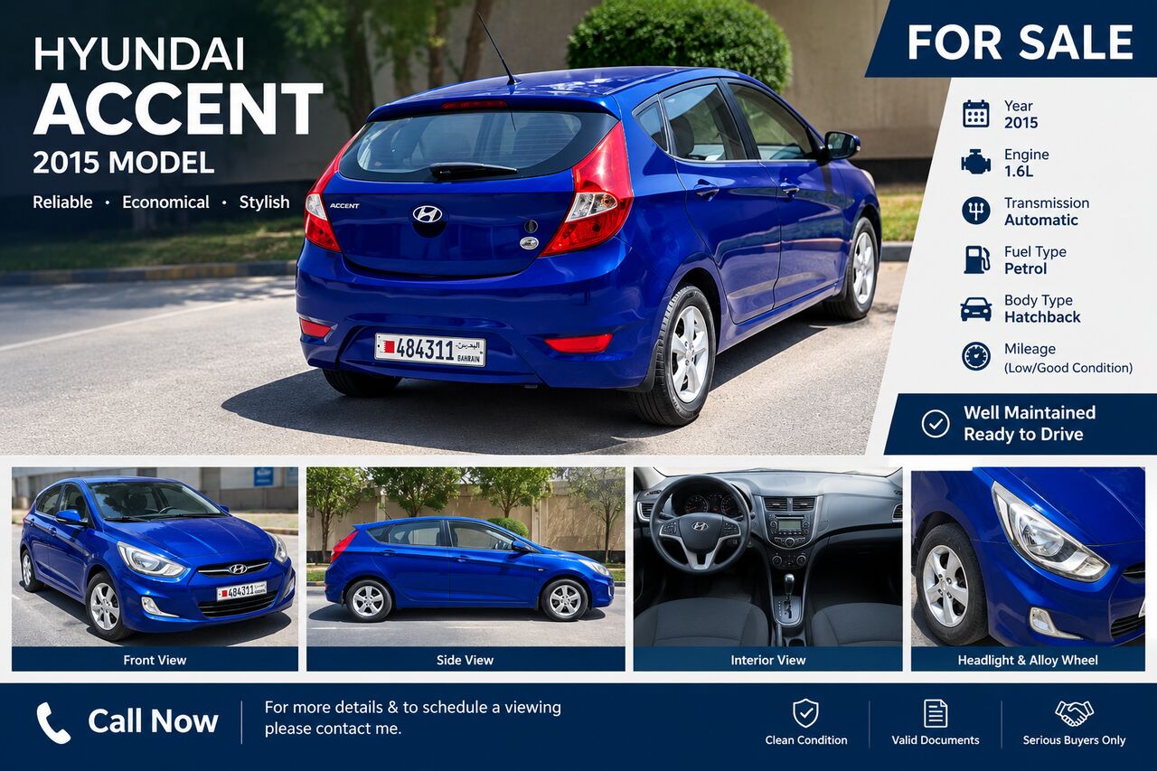 Hoora, Vehicles, Cars & Trucks , BHD 1750,  Hyundai Accent 2015 HatchBack,  2015,  Automatic,  101000 KM,