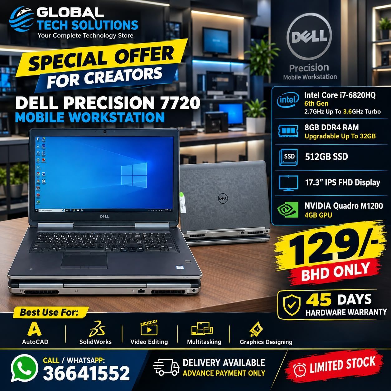 Isa Town, Computers, BHD 129,  DELL PRECISION Core I7 Workstation Laptop 17.3" FHD Big Screen 512GB SSD NVida 4GB Graphic