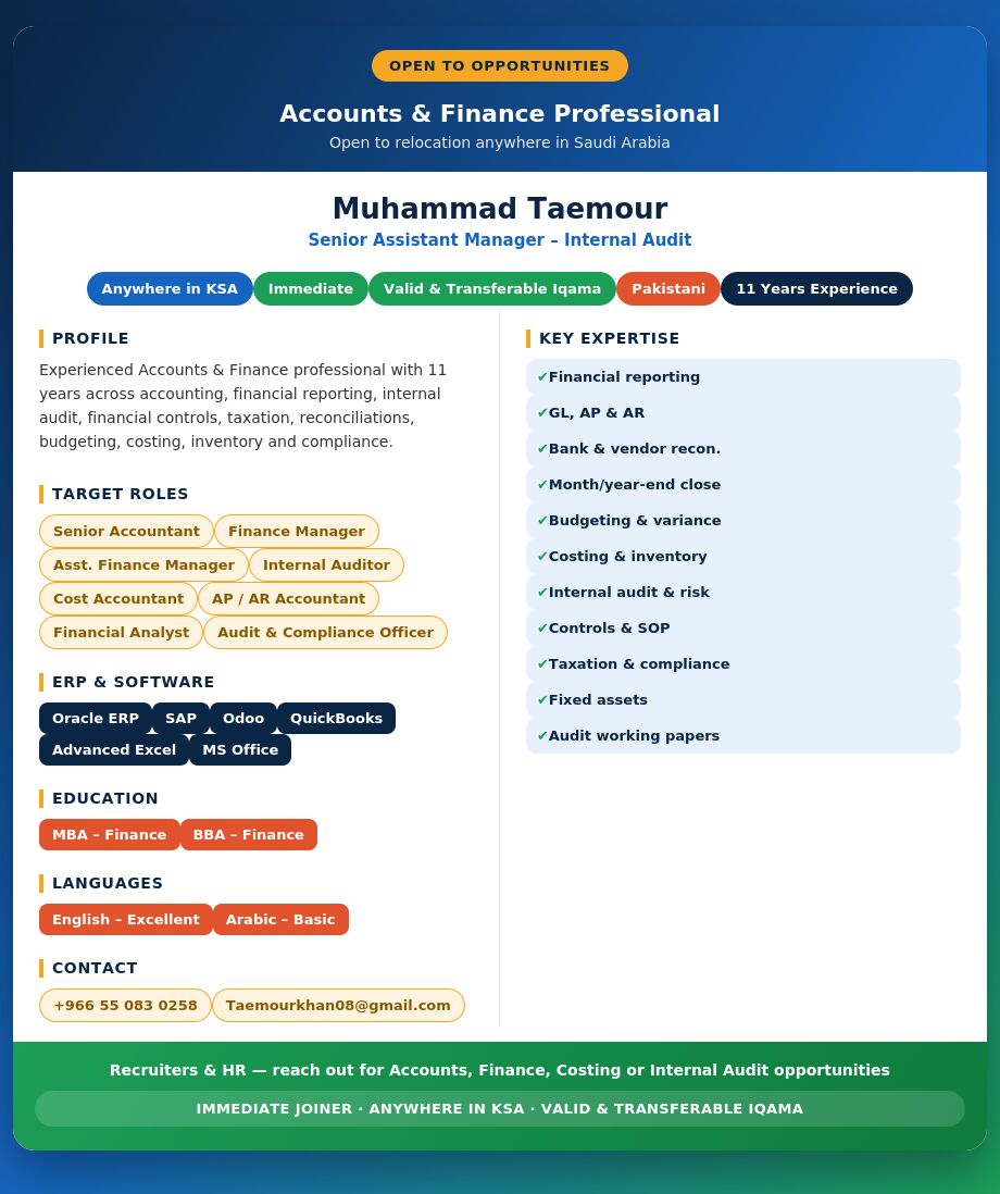 Riyadh, Job Seekers, Looking For A Role |Senior Accountant |  Chief Accountant | Financial Analyst |