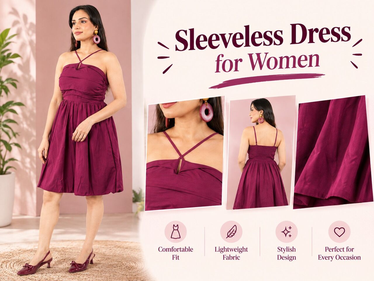 Mumbai, Clothing & Accessories, INR 699,  Wine Sleeveless Dress For Women With Rich Colour And Clean Shape