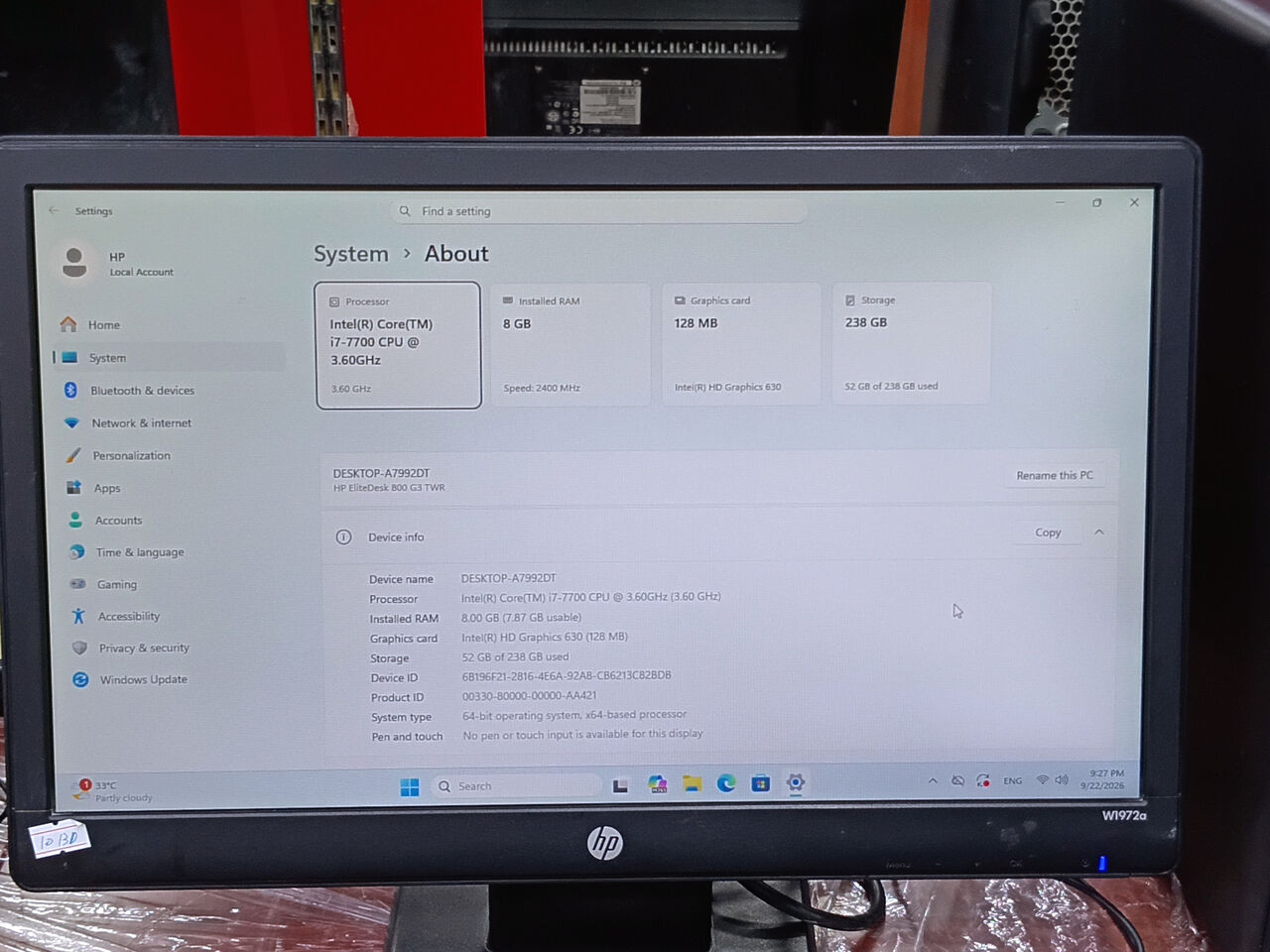 Riffa, Computers, BHD 93,  HP I7-7th Gen Desktop Set - Fast 256GB SSD + 8GB DDR4 + 19" Screen + Wi-Fi (93 BD)