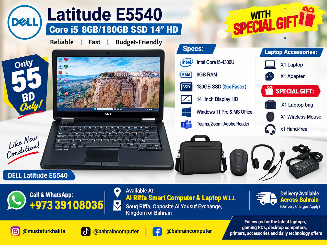 Riffa, Computers, BHD 55,  DELL Laptop Core I5 8GB/180GB SSD 14&rsquo;&rsquo; HD Display With Special Gift 55 BD Only