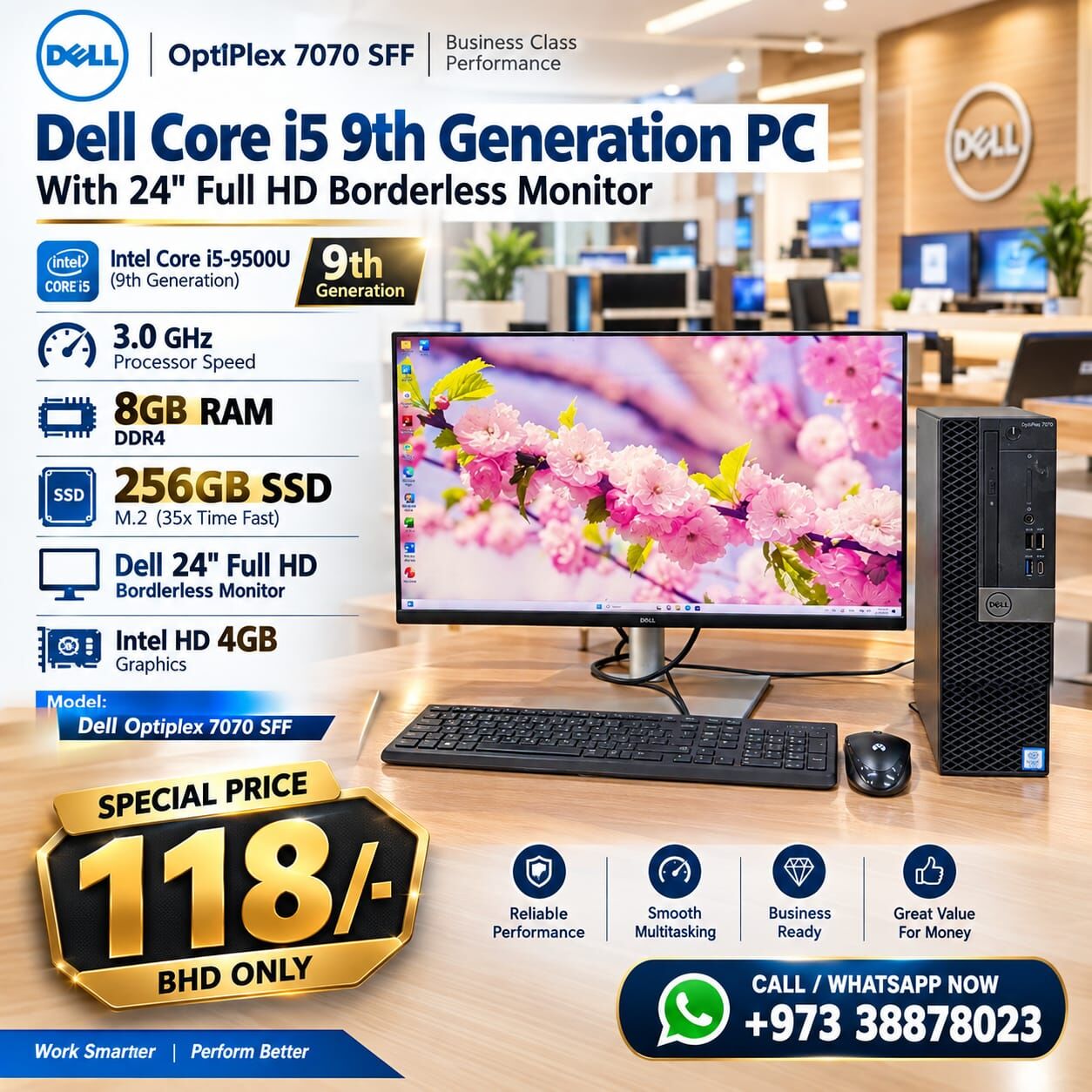 Manama, Computers, BHD 118,  Dell Core I5 9th Gen PC RAM 8GB SSD 256GB M.2 35x Fast 24" FHD Borderless Monitor Ready