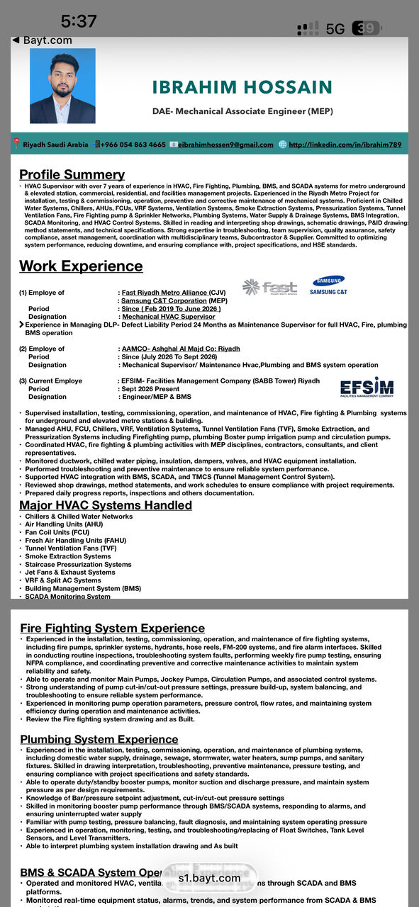 Riyadh, Job Seekers, DAE- Mechanical Engineer And Sr, Supervisor MEP