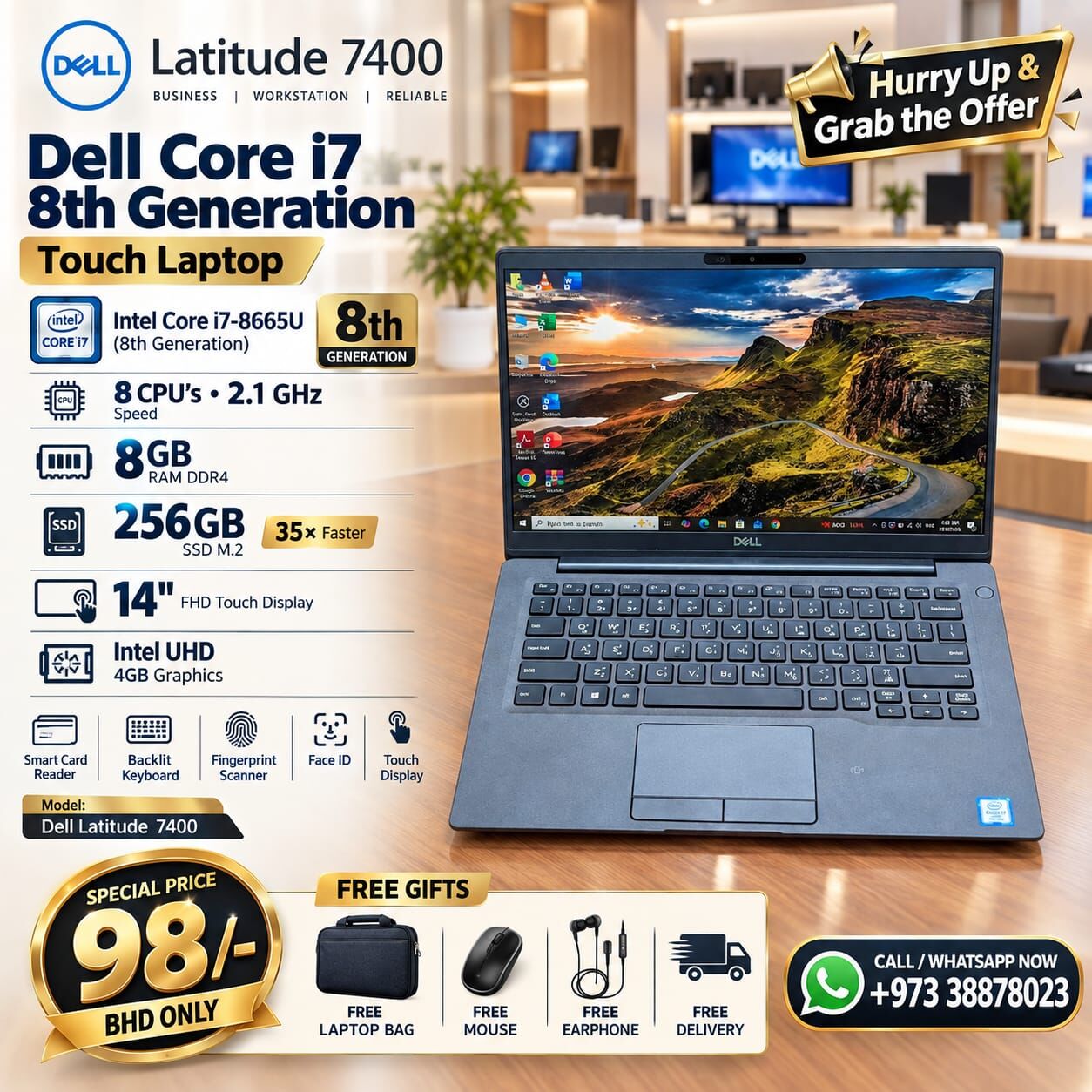 Manama, Computers, BHD 98,  DELL Core I7 8th Gen Touch Laptop 35X Fast 256GB SSD 14" FHD Touch Display FREE GIFTS