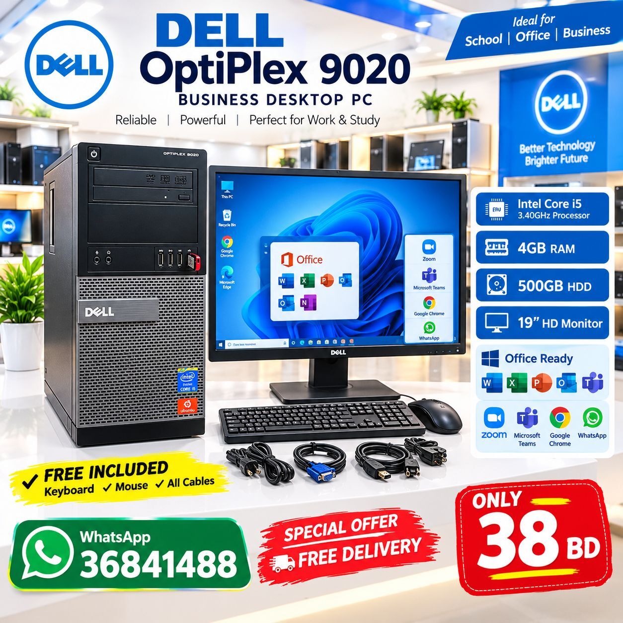 Salmabad, Computers, BHD 38,  DELL CORE I5 COMPUTER SET 4GB RAM 500GB HDD Win 10 Pro Office/WhatsApp - 36841488