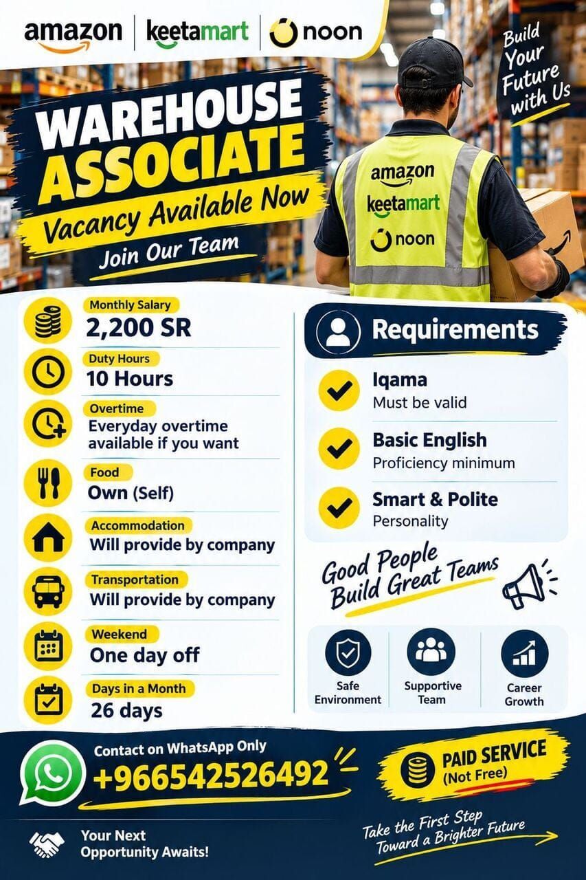 Riyadh, Jobs, Wearhouse Associate,  Electric Cycle Rider, Cleaner