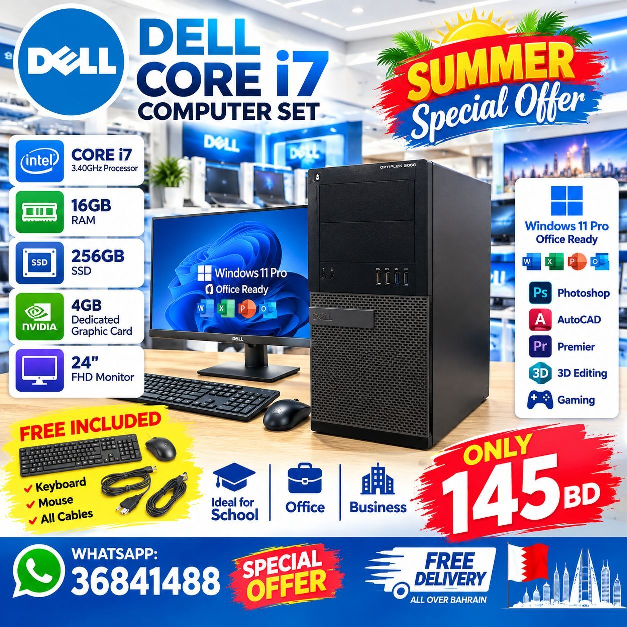 Manama, Computers, BHD 145,  DELL CORE I7 COMPUTER SET NVIDIA 4GB Dedicated 3.40GHz 16GB RAM 24" FHD Monitor -36841488