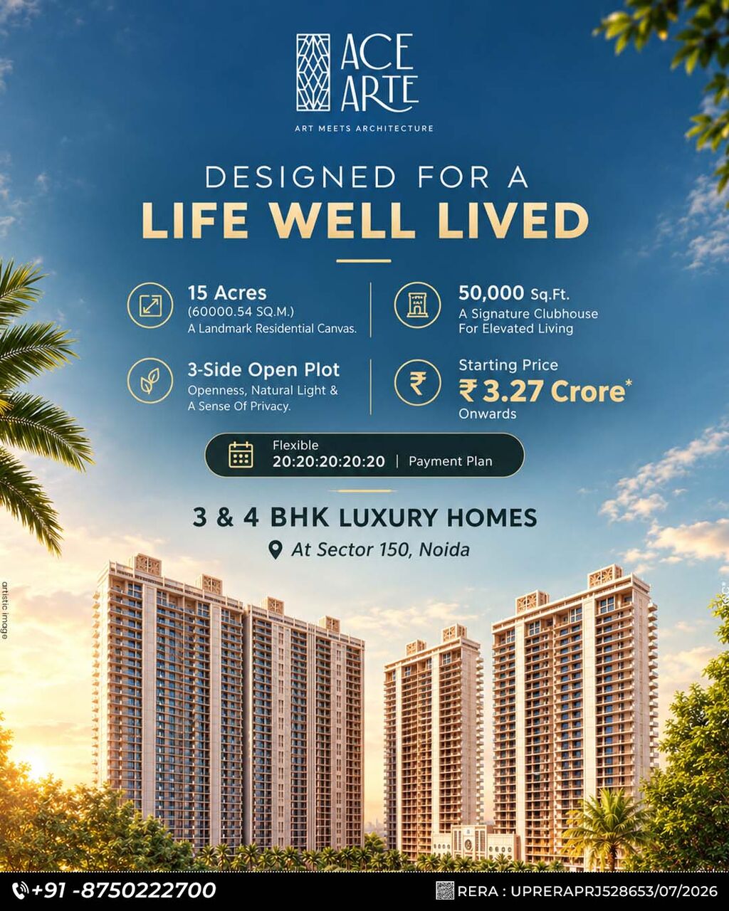 Noida, Real Estate For Sale, INR 32,  3 BR,  2600 Sq. Feet,  Ace Arte Apartments In Sector 150 Noida
