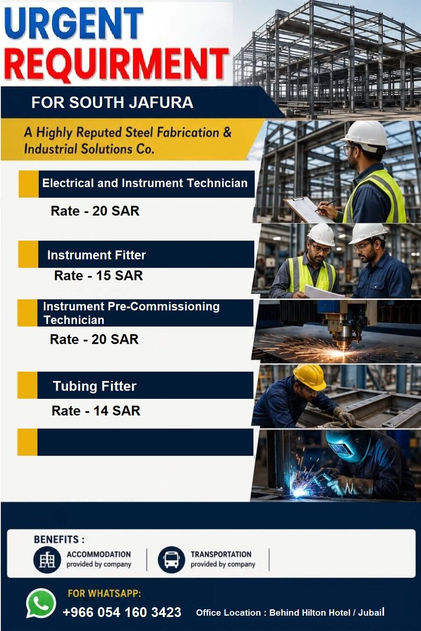 Jubail, Jobs, Urgent Requirement For Instrument Fitter