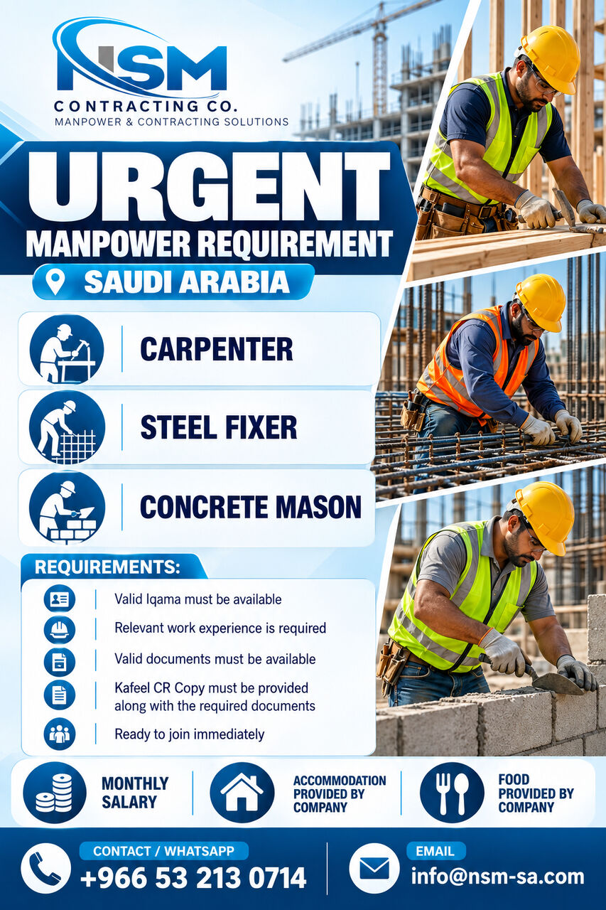 Dammam, Jobs, URGENT MANPOWER REQUIREMENT &ndash; SAUDI ARABIA