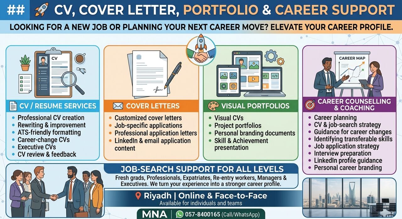 Riyadh, Career Counseling, CV, Cover Letter, Visual Portfolio & Career Counselling Services - Riyadh & Online