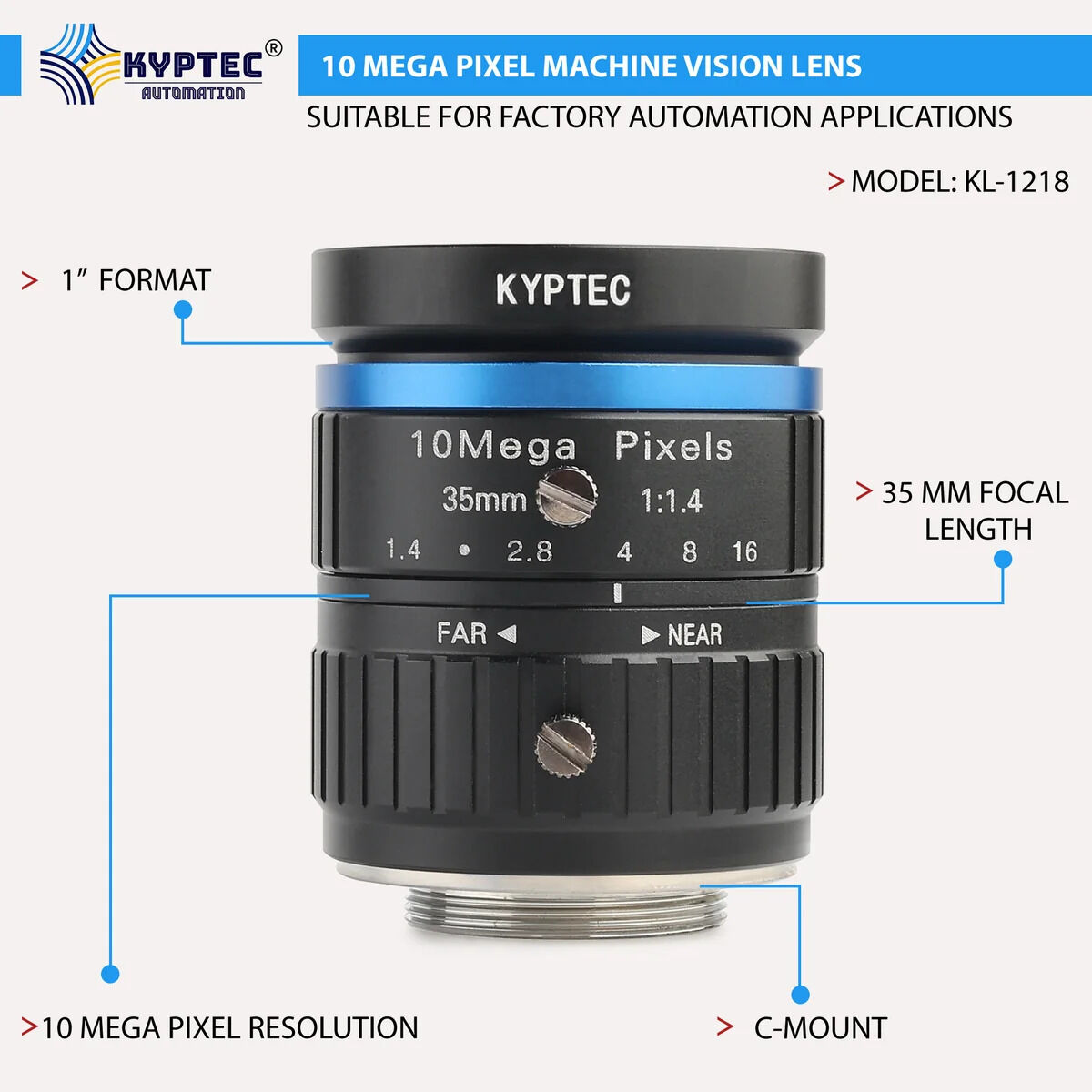 New Delhi, Electronics, INR 8995,  35 MM 10 MP Machine Vision Lens, 1-Inch Format, C-Mount &ndash; Kyptec Automation&reg;