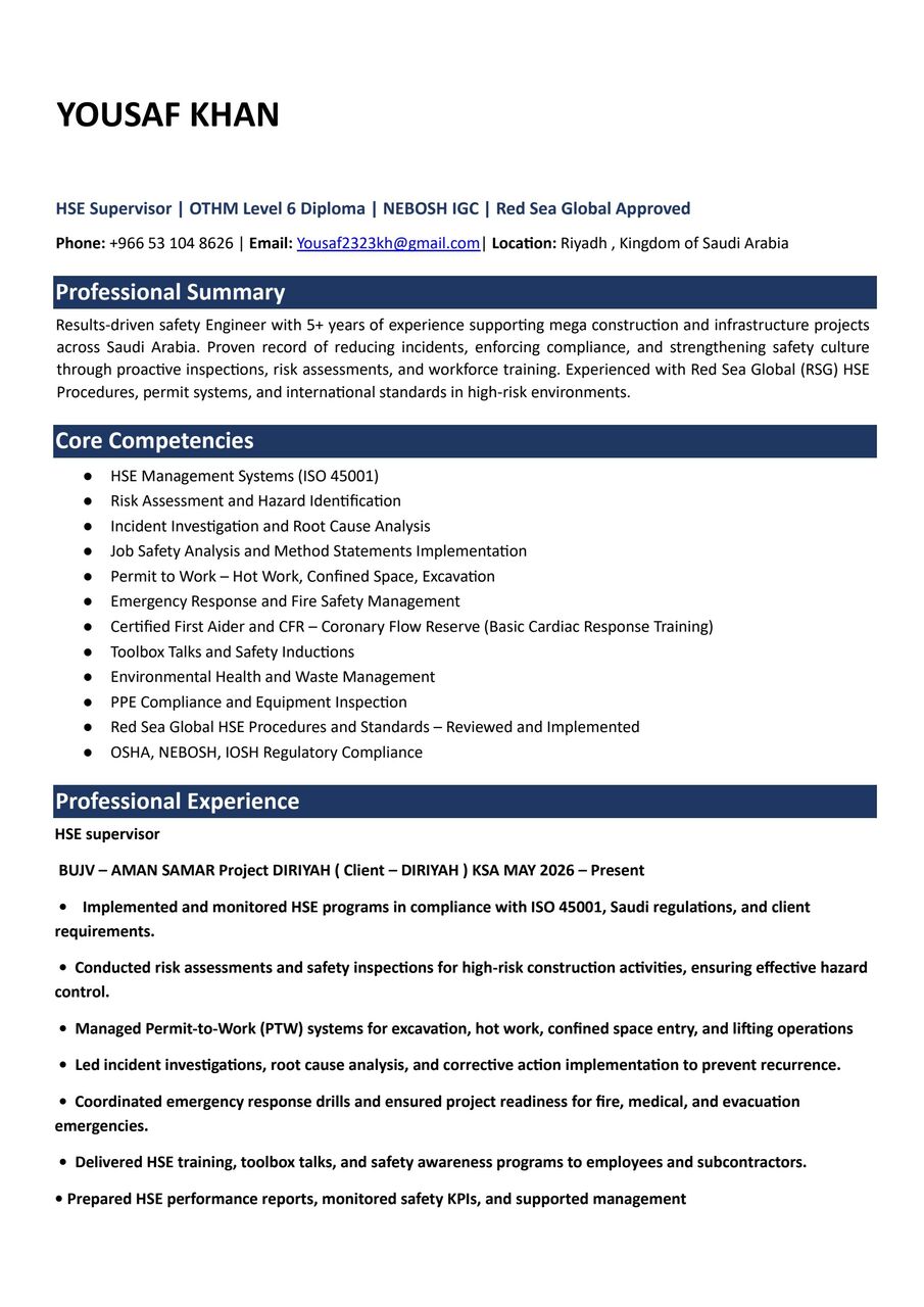 Riyadh, Job Seekers, HSE SUPERVISOR / Officer