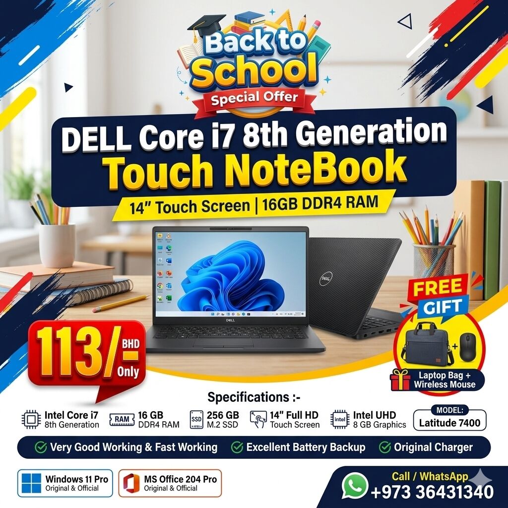 Isa Town, Computers, BHD 113,  Best Offer DELL Core I7 8th Gen Business Touch Laptop 14" Full HD Touch Screen 16GB RAM