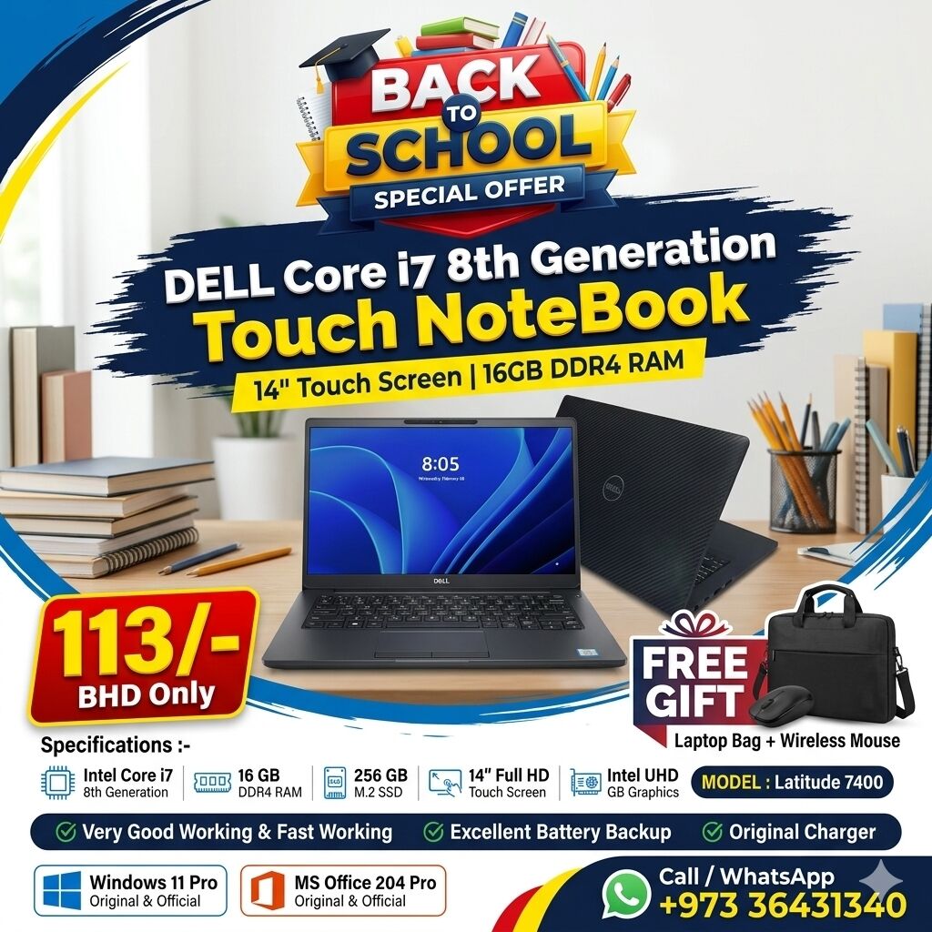 Manama, Computers, BHD 113,  Best Offer DELL Core I7 8th Gen Business Touch Laptop 14" Full HD Touch Screen 16GB RAM