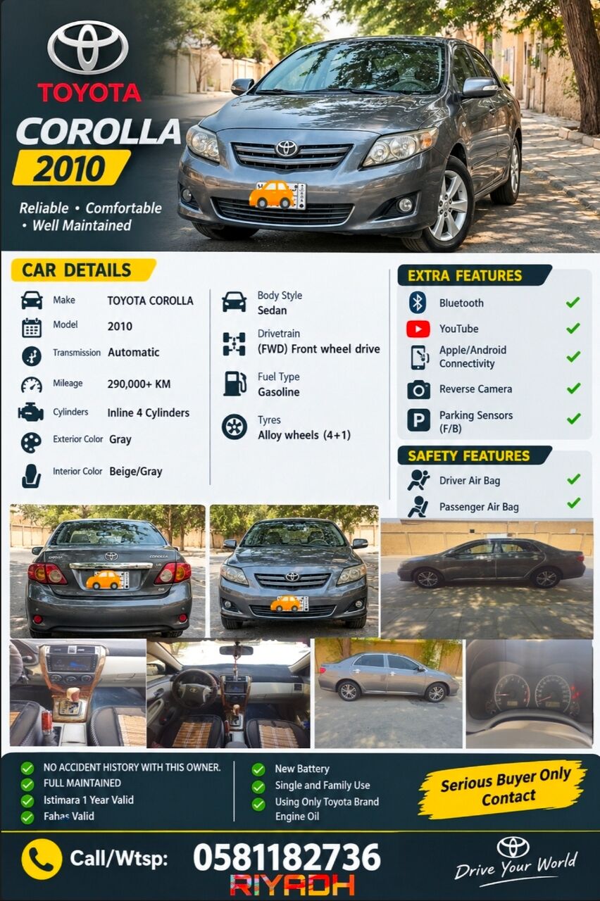 Riyadh, Vehicles, Cars & Trucks , SAR 20000,  Toyota Corolla,  2010,  Automatic,  290000 KM,