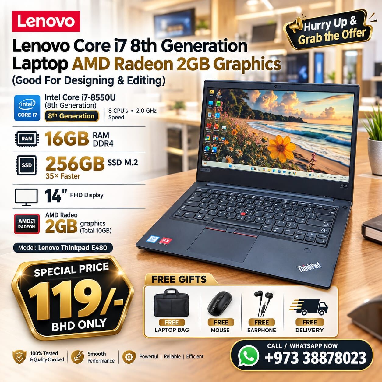 Manama, Tablet Computers, BHD 119,  Thinkpad Intel Core I7 8th Gen Laptop AMD Radeon 2GB Graphics 16GB RAM 256GB M.2 SSD
