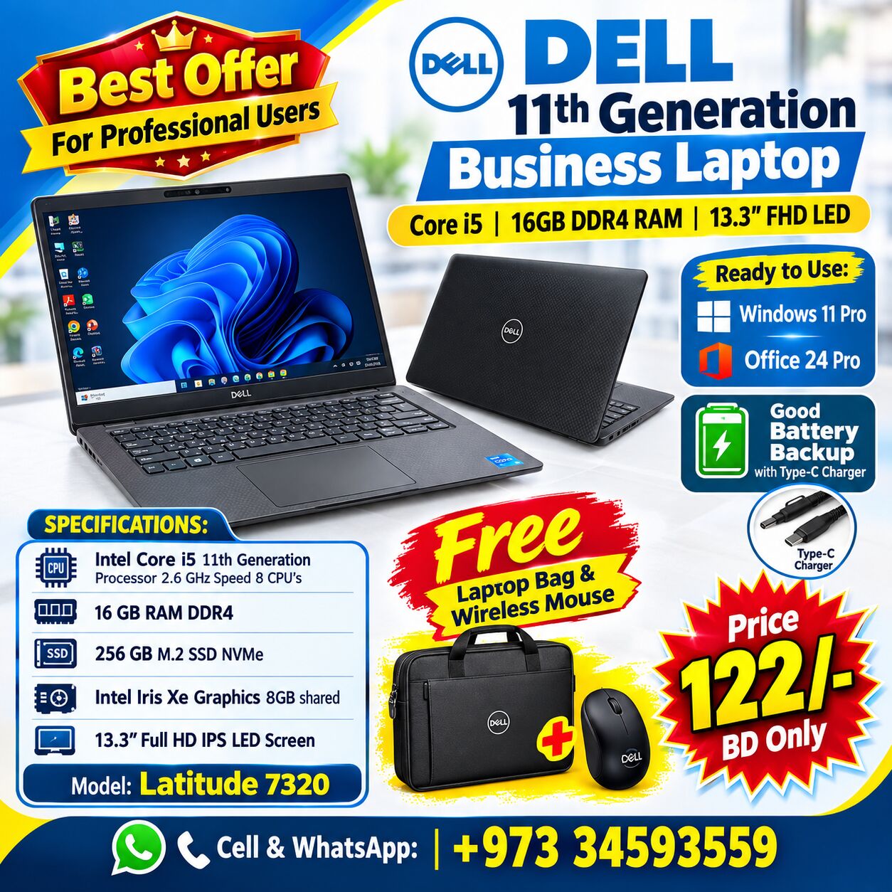 Isa Town, Computers, BHD 122,  DELL 11th Generation Business Laptop Core I5 16GB DDR4 RAM Ready Win 11 Pro FREE BAG+MOUSE