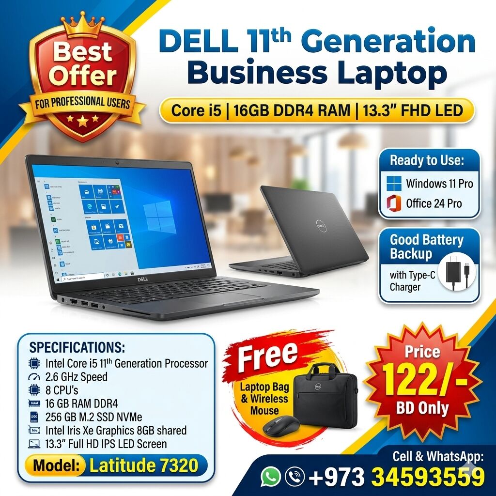 Manama, Computers, BHD 122,  DELL 11th Generation Business Laptop Core I5 16GB DDR4 RAM Ready Win 11 Pro FREE BAG+MOUSE