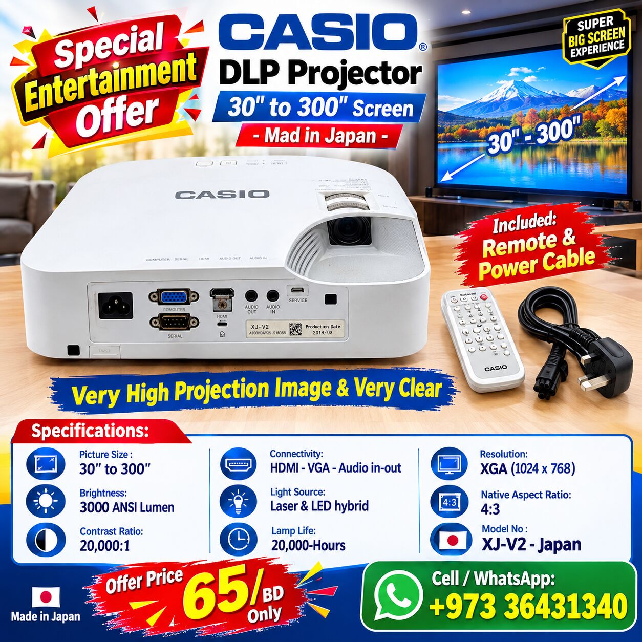 Isa Town, Computers, BHD 65,  CASIO Projector - 30" To 300" Screen - Mad In Japan With Remote & Power Cable 65-BD Only
