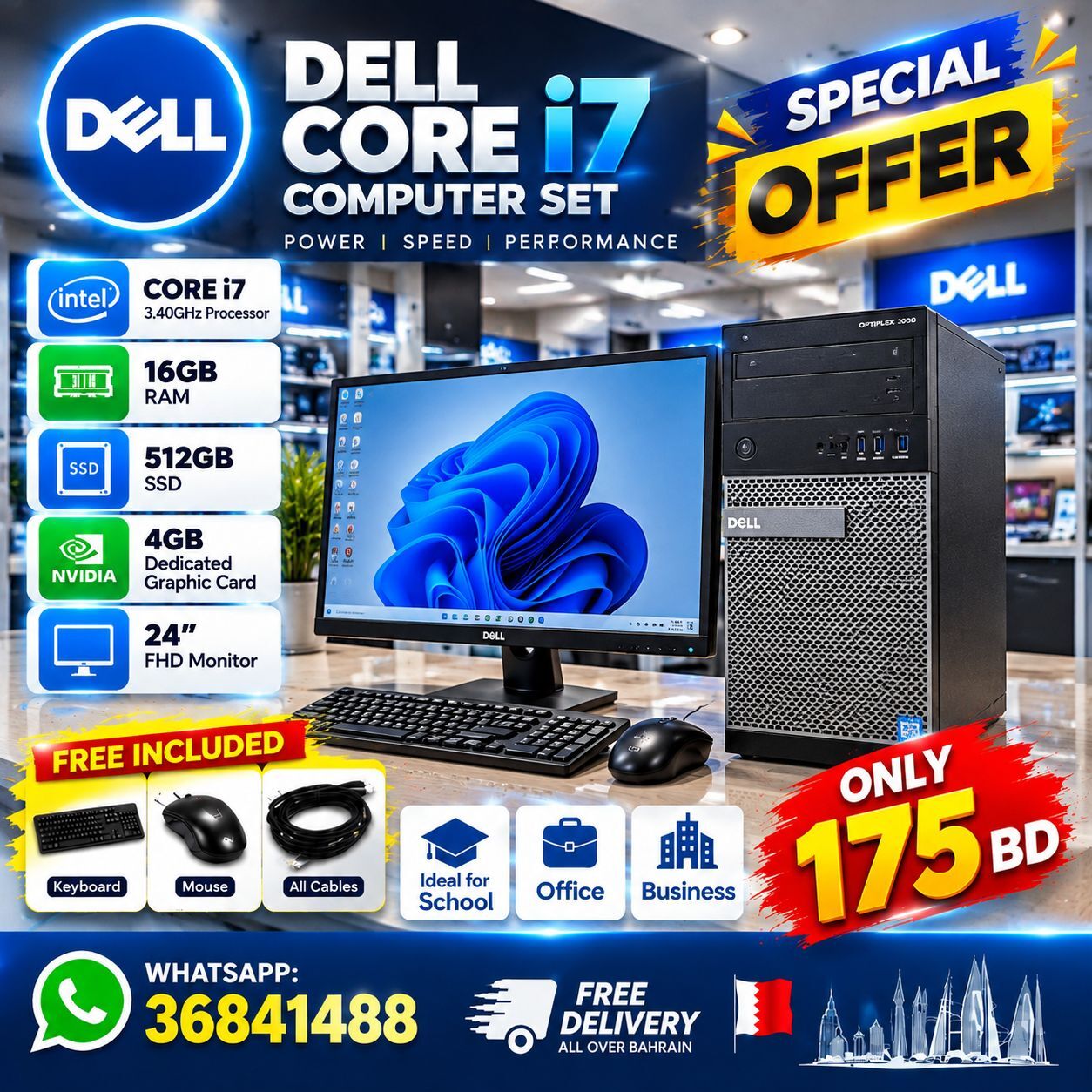 Manama, Computers, BHD 175,  DELL CORE I7 COMPUTER SET NVIDIA 4GB 16GB RAM / 512GB 24" FHD-36841488