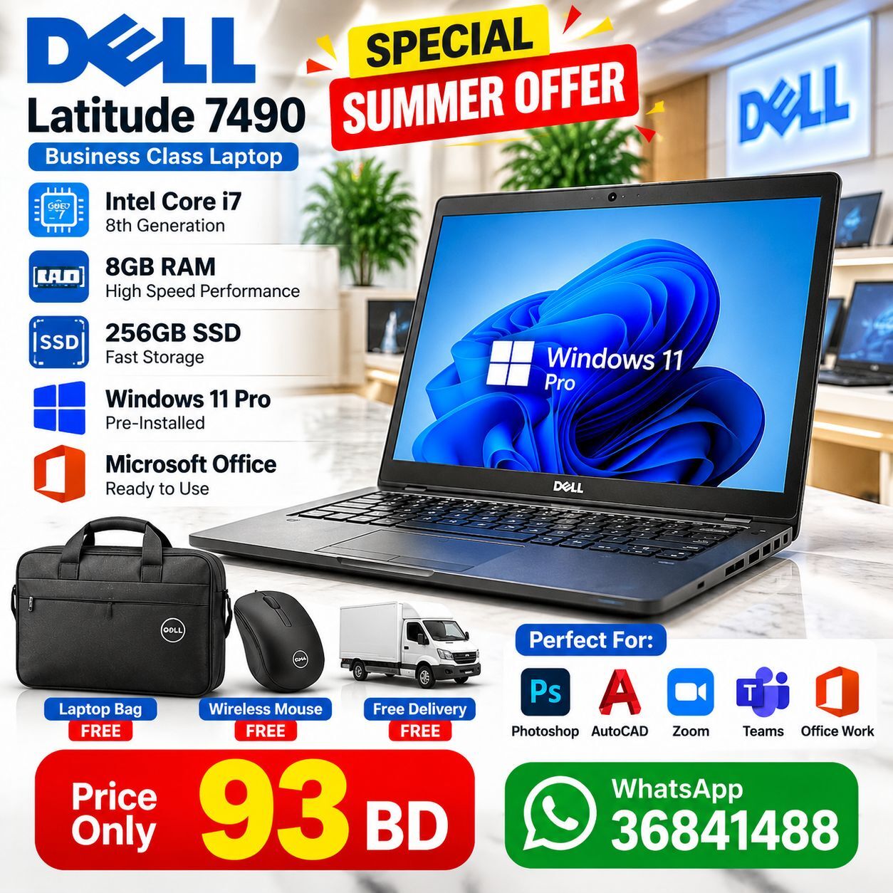 Manama, Computers, BHD 93,  Dell Core I7 8th Gen Laptop 8GB Ram DDR4 256GB SSD Win 11 Pro Office Ready Call/36841488