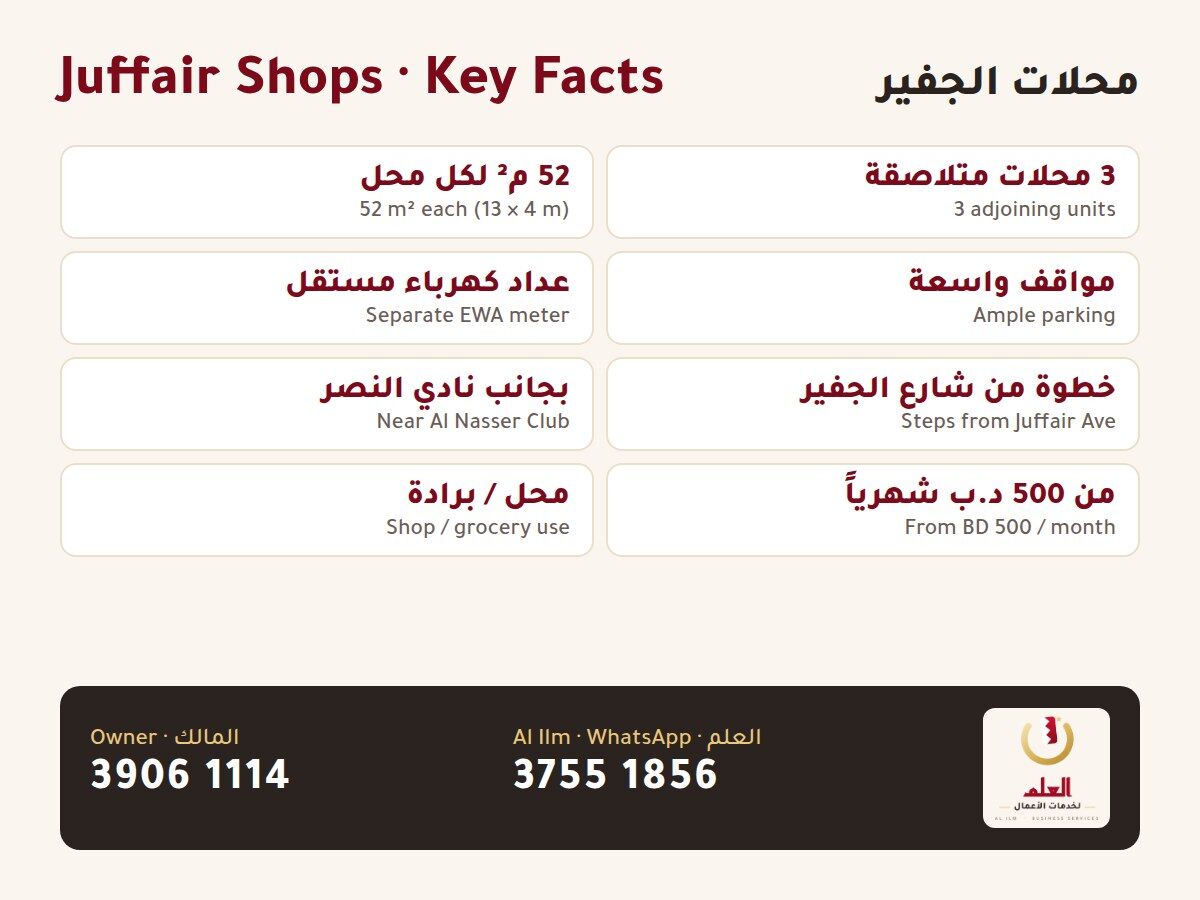 Juffair, Shops, BHD 500,  52 Sq. Meter,  Brand-New Shops For Rent In Juffair &ndash; 3 Units, Next To Al Nasser Club